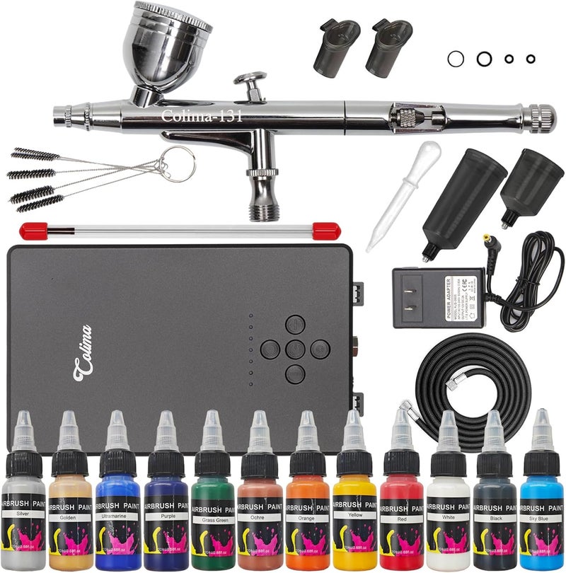 Colima Dual-Action Airbrush Kit with Compressor—55PSI High Pressure 7 Adjustable Settings 12 Paint Set & Cleaning Kit for Models, Miniatures, Hobby Art (2025 Upgrade) - Image 1